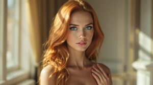 cheveux cuivré yeux bleu